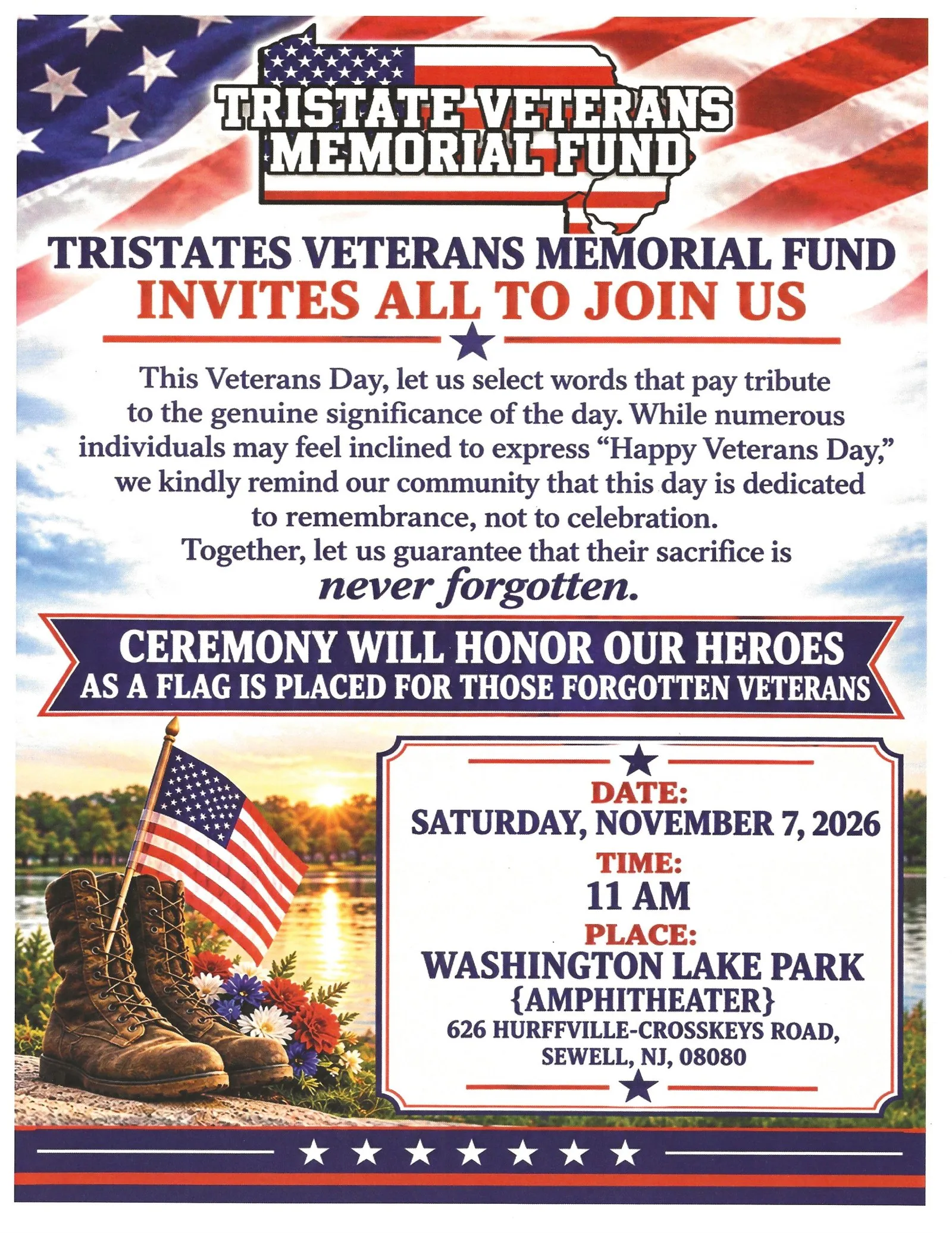 Flyer for the 2026 Veterans Day ceremony at the Washington Lake Park Amphitheater